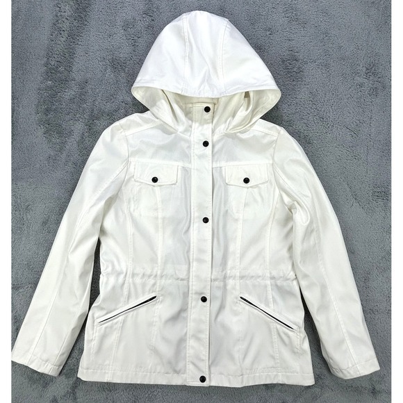 Guess Jackets & Blazers - Guess Coat Rain Jacket Women Large Ivory Hooded‎ Pockets Sleek NWOT
